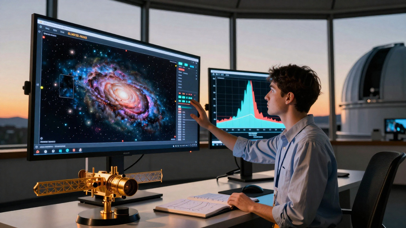 Jovem cientista analisando imagem de galáxia e gráfico em monitores de computador em laboratório astronomia.