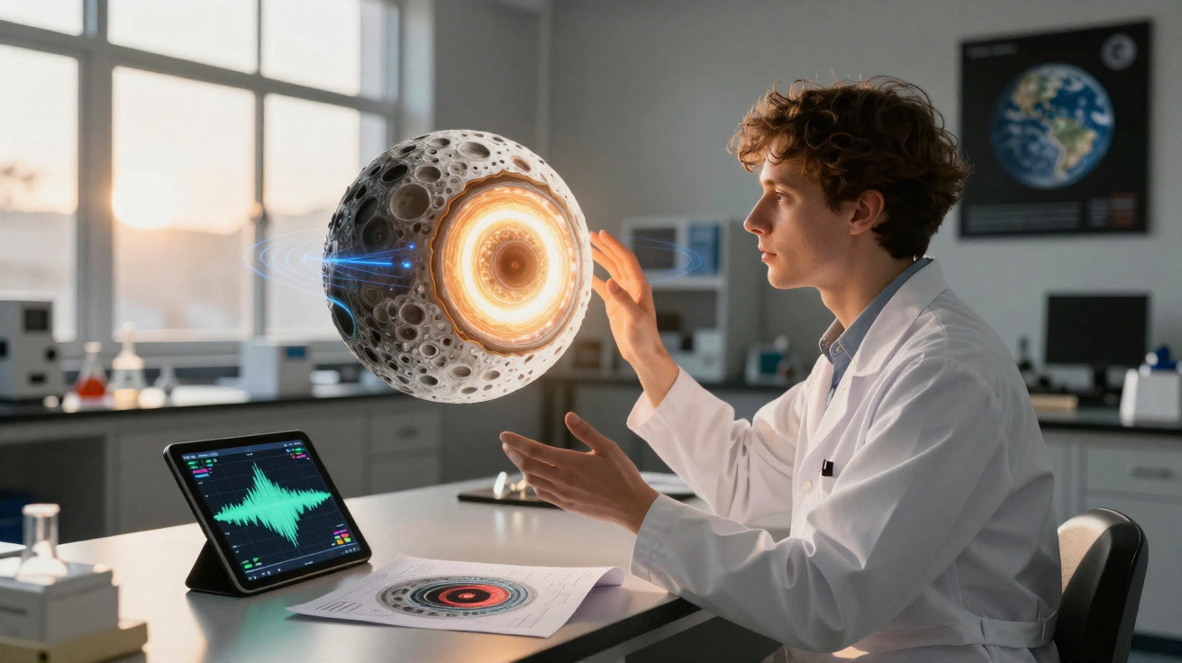 Jovem cientista em laboratório interage com modelo holográfico futurista de um planeta ou satélite.