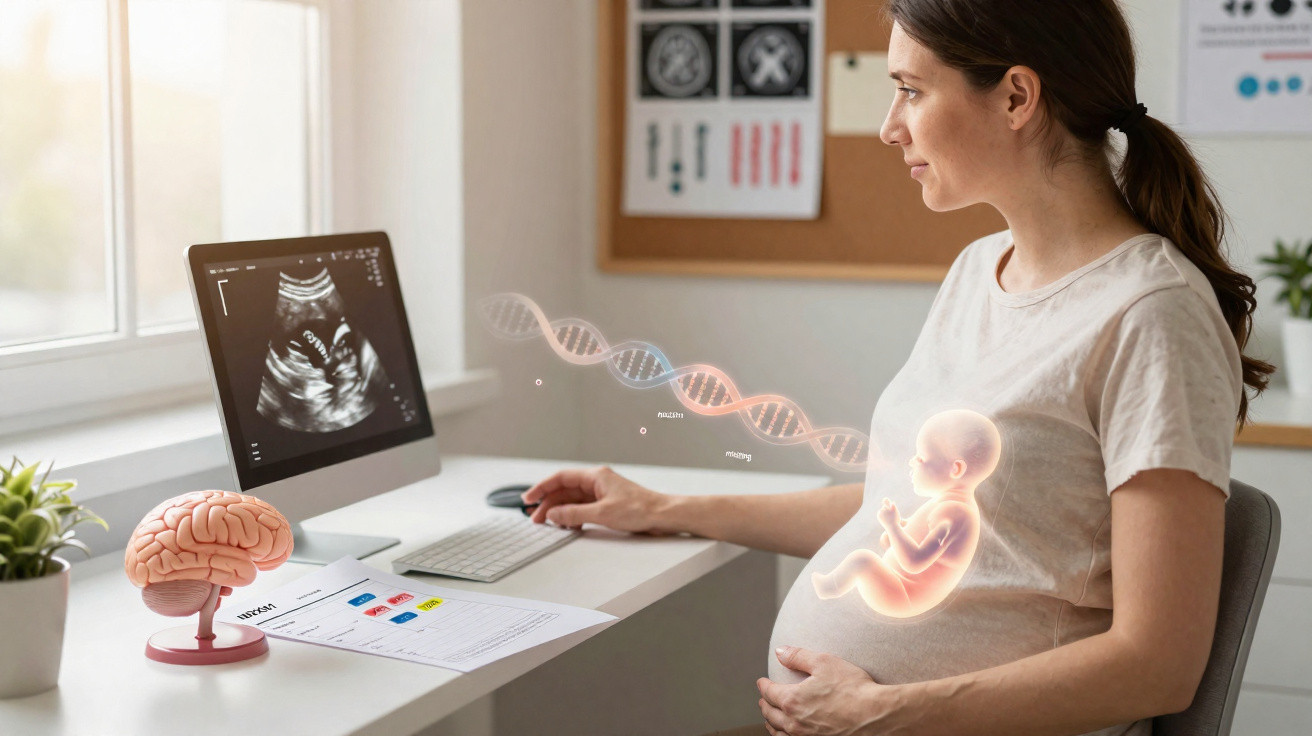 Mulher grávida sentada em mesa com ultrassom, modelo de cérebro e ilustração de DNA e feto digitalizado.