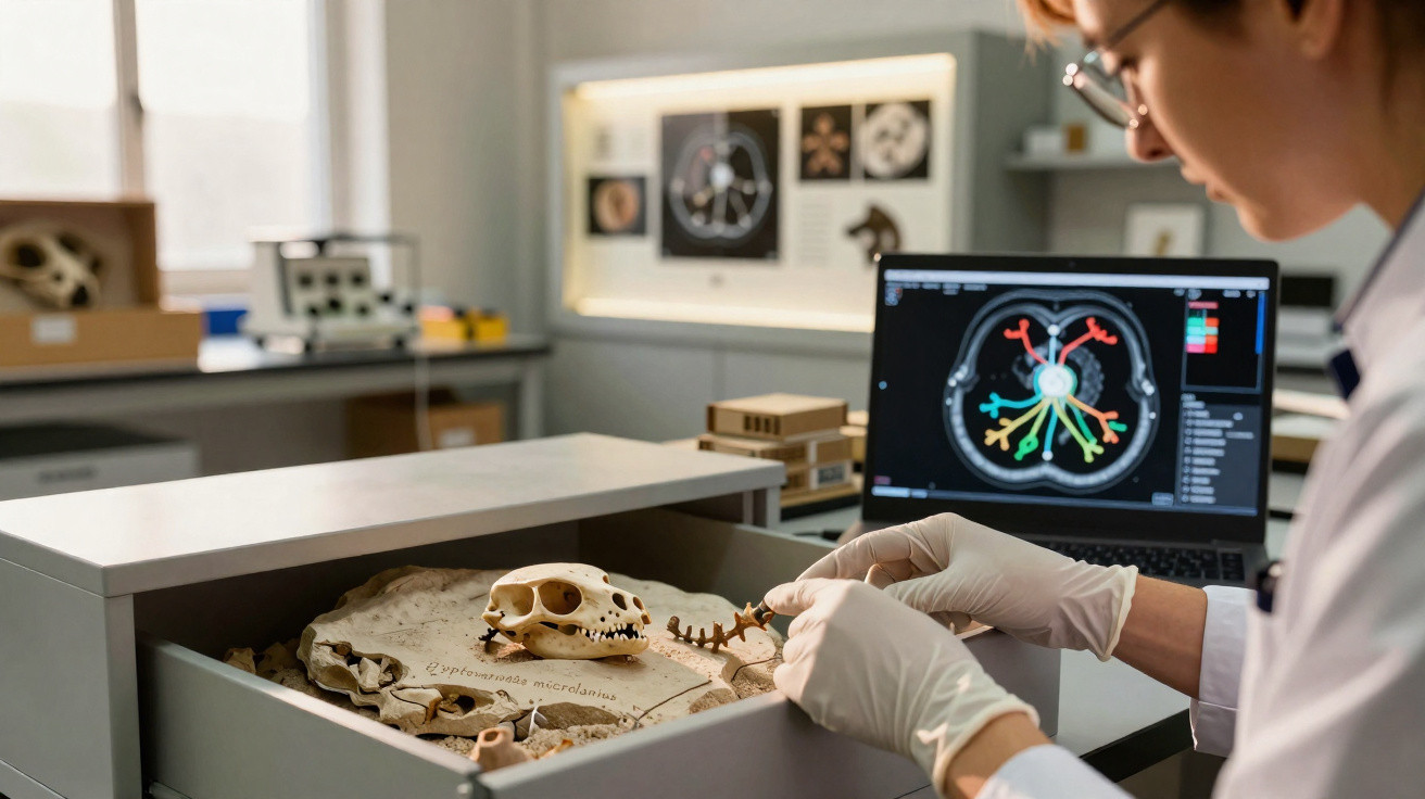 Pesquisador com luvas brancas examinando fóssil de crânio animal em laboratório com computador ao fundo.
