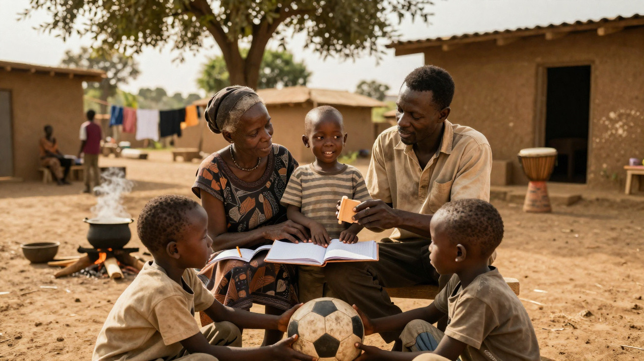 Família africana sentada no quintal com caderno, ensinando e segurando bola de futebol.