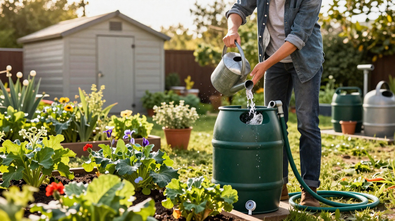 Pessoa regando barril de coleta de água no jardim com caneca de metal, cercado por plantas e flores.