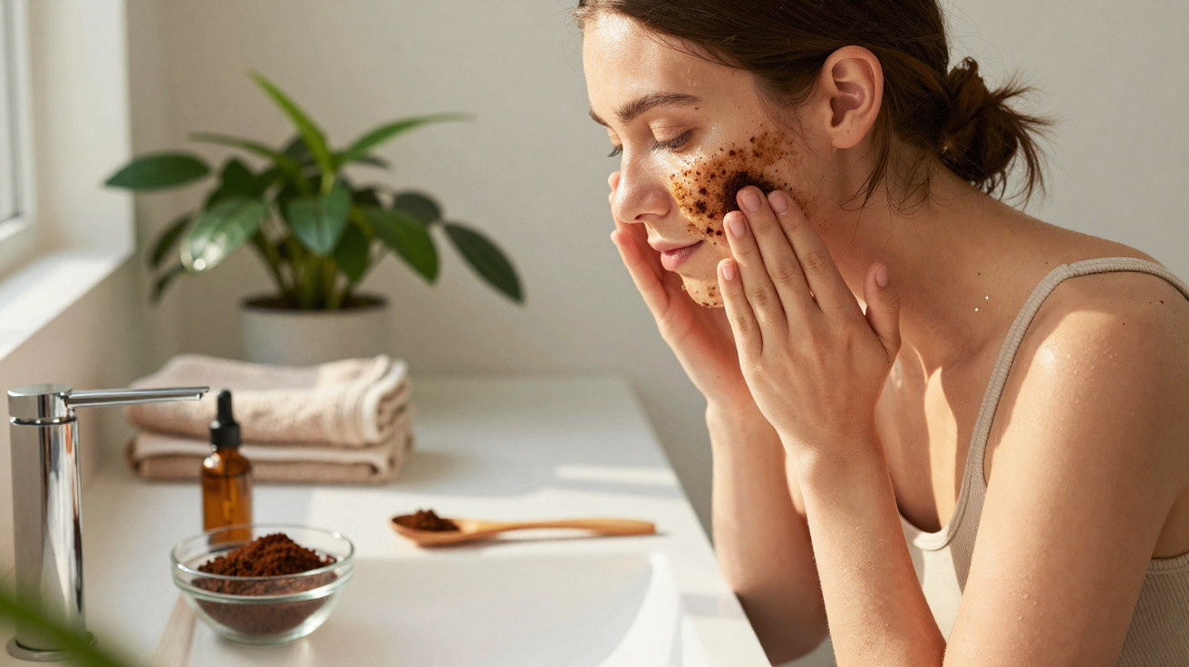 Mulher aplicando esfoliante facial caseiro em banho de luz natural, com plantas no fundo.