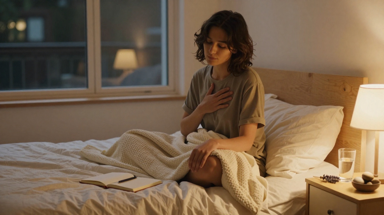 Mulher sentada na cama à noite, com a mão no peito, parecendo preocupada ou reflexiva.