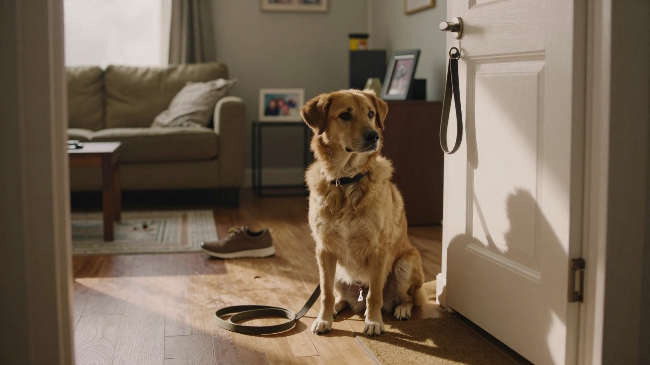 Cachorro dourado senta próximo à porta fechada com coleira solta em sala iluminada por luz natural.