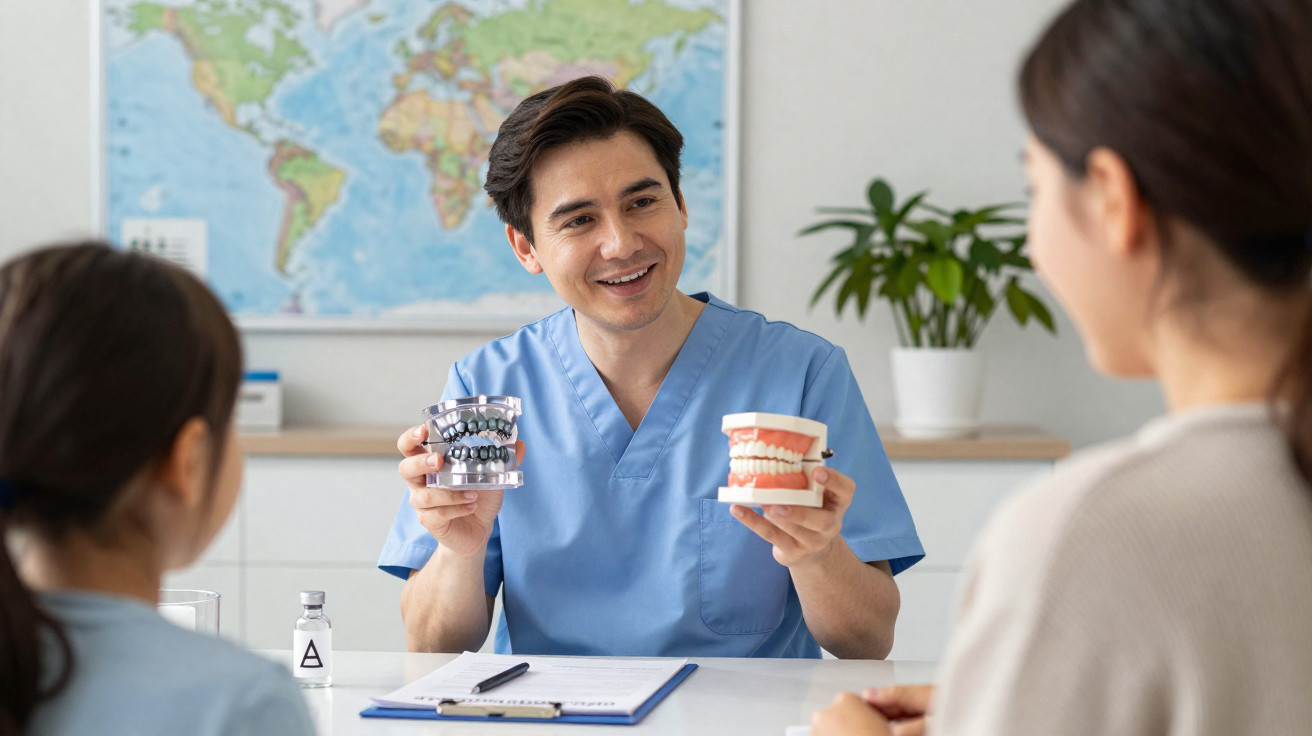 Dentista explica diferença entre aparelho ortodôntico e prótese dental para paciente e acompanhante.