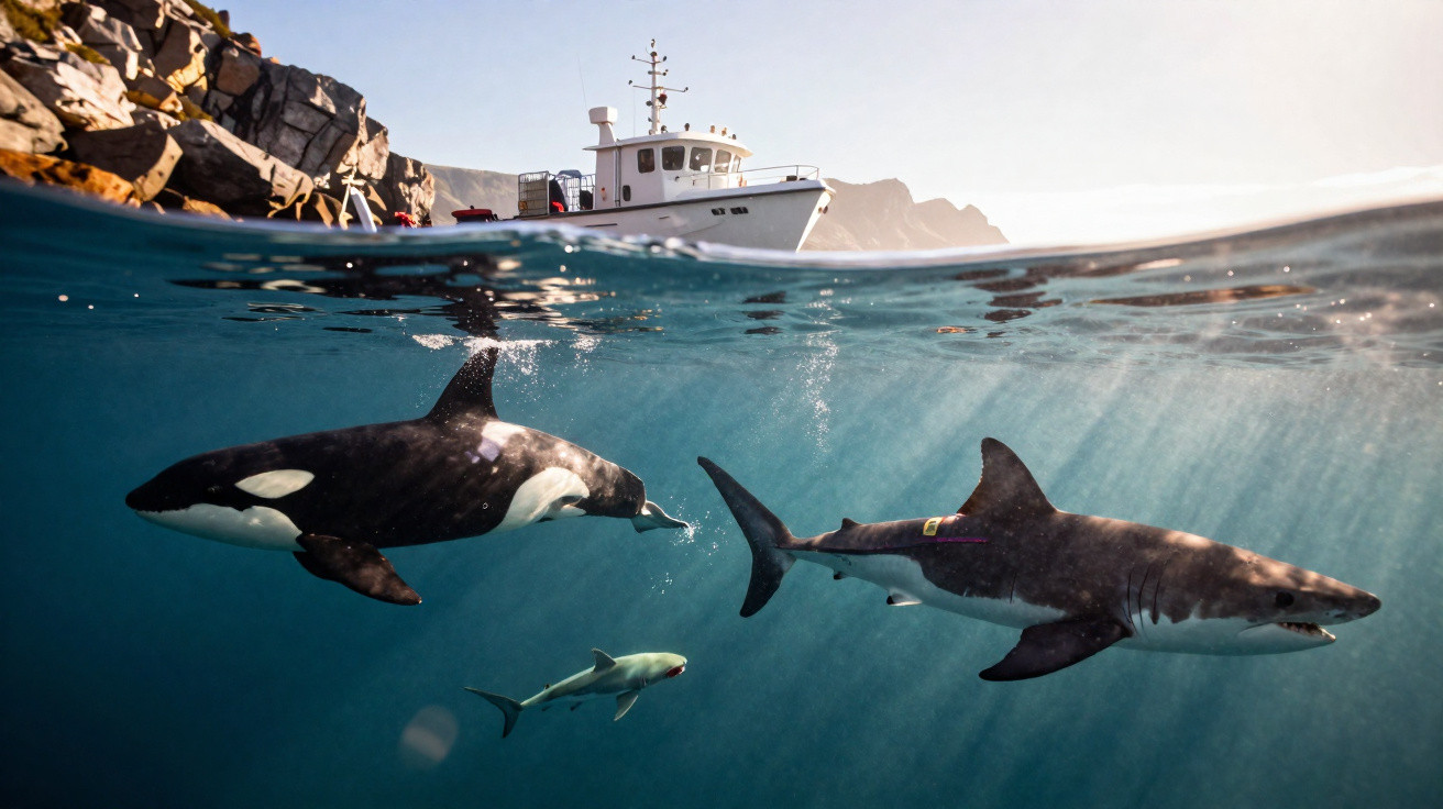 Orca e tubarões nadando próximos à superfície com um barco e pedras ao fundo.