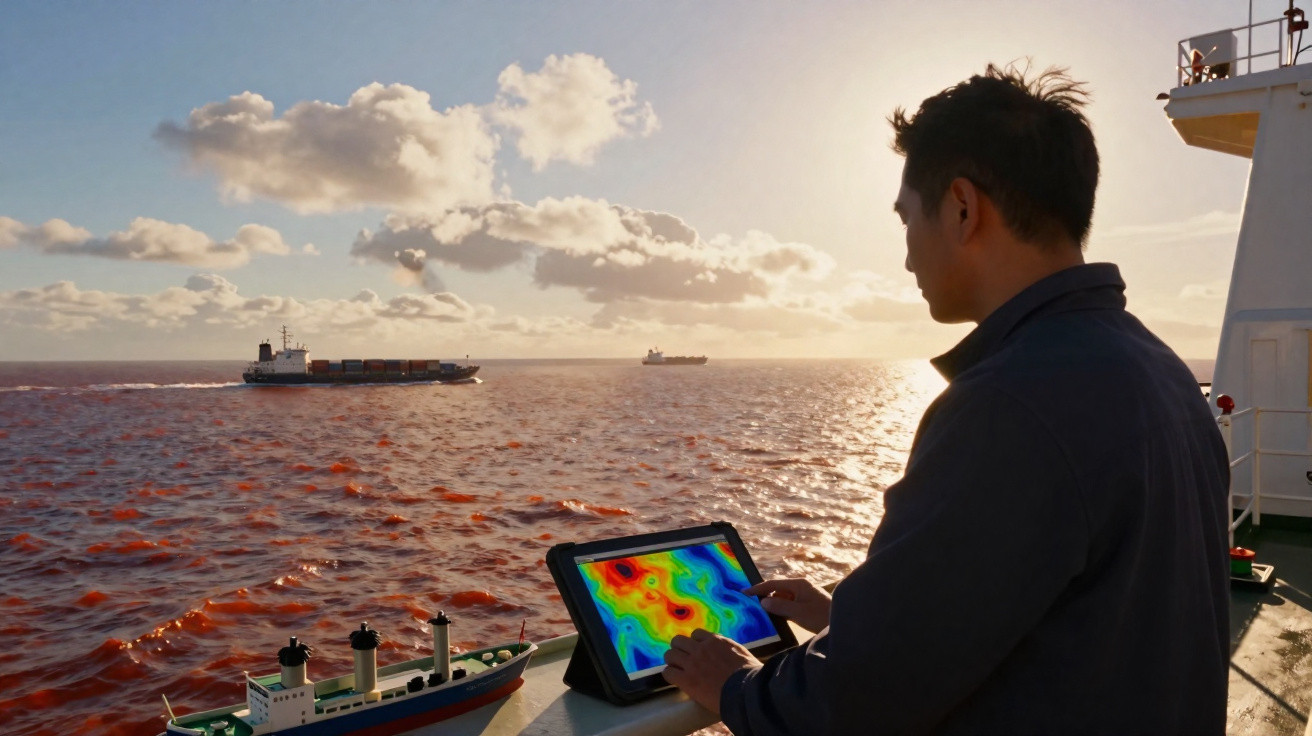 Homem observa e interage com tablet mostrando mapa térmico enquanto está no convés de navio ao pôr do sol.