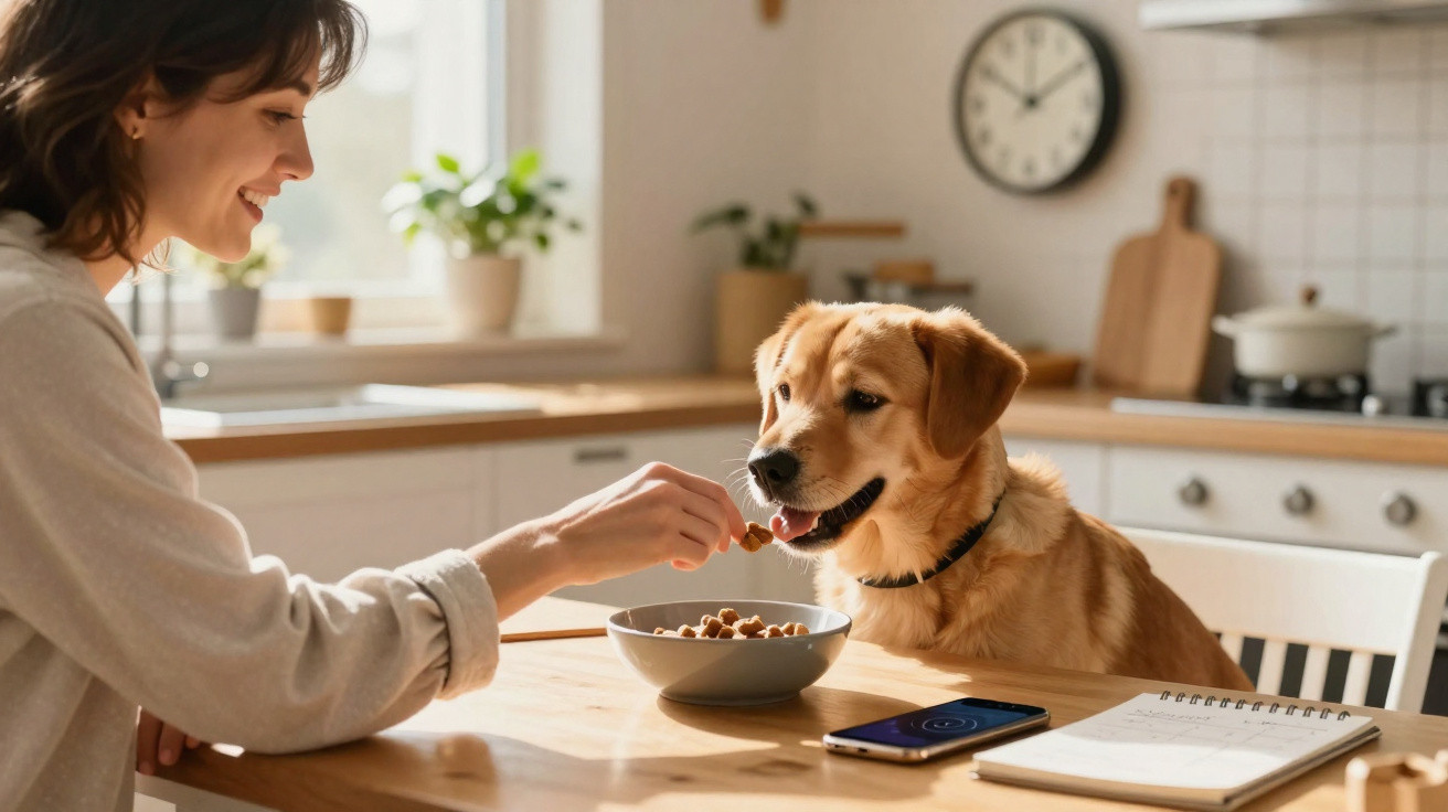 Mulher sorridente alimentando cachorro com petiscos na cozinha, sentados à mesa ensolarada.