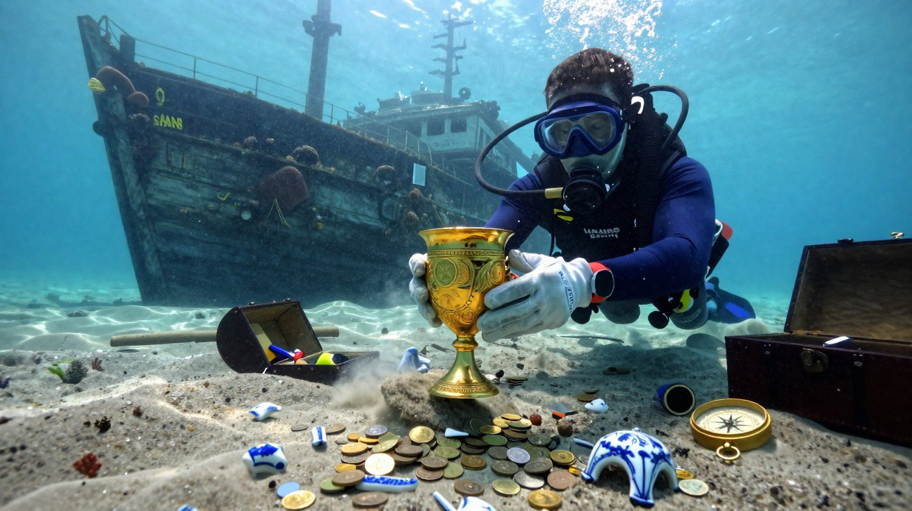 Mergulhador encontra taça dourada e moedas ao lado de naufrágio no fundo do mar.