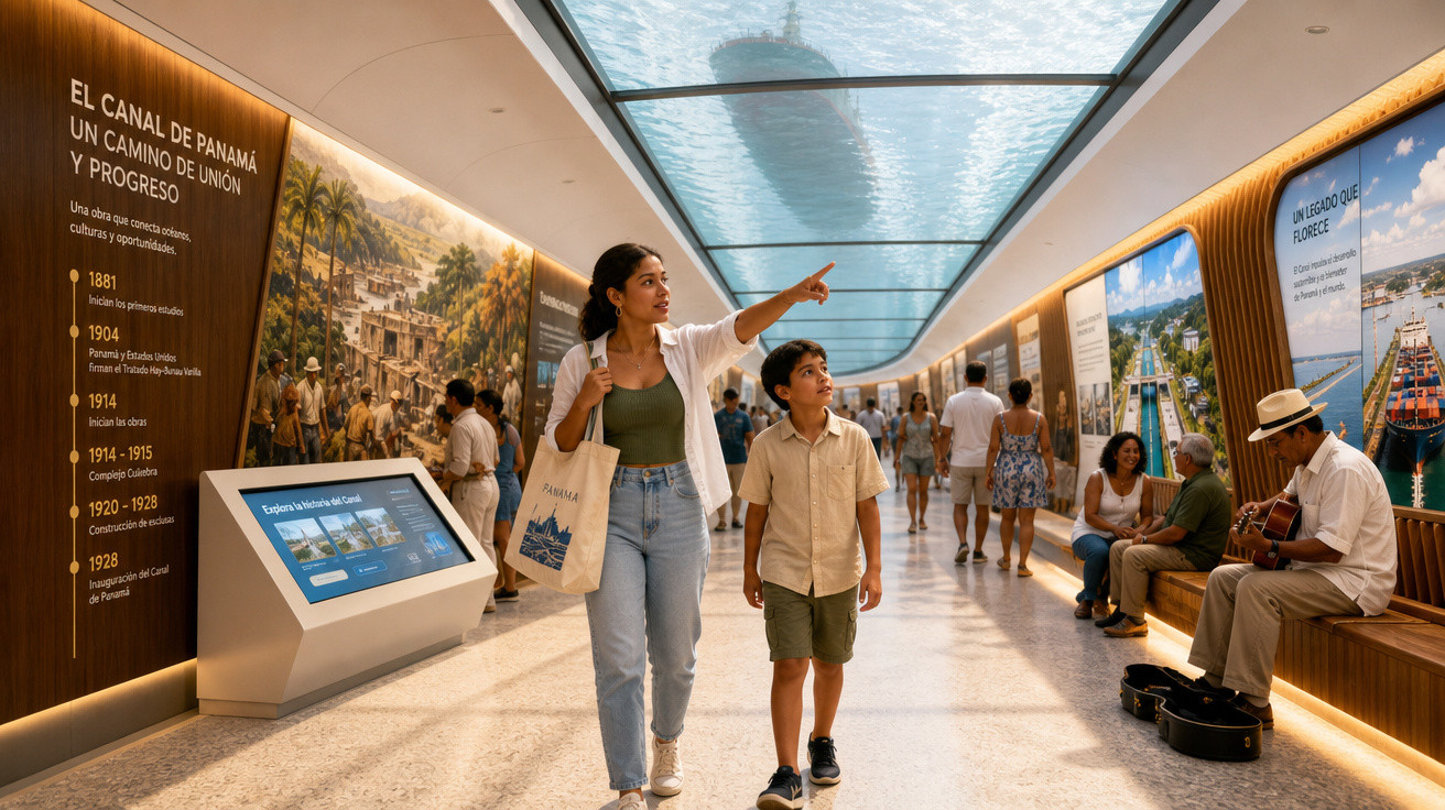 Mulher e menino caminham e observam exposição sobre o Canal do Panamá em corredor com teto de vidro e música ao vivo.