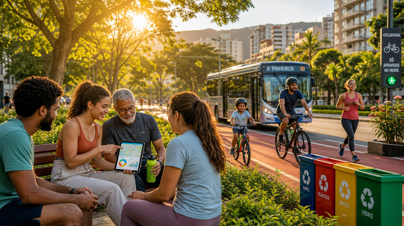 Grupo de pessoas conversando no parque perto de lixeiras coloridas para coleta seletiva e ciclovia.