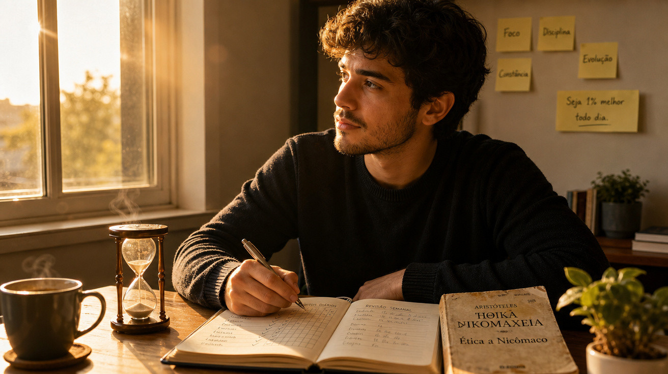 Homem jovem escrevendo em caderno, com livro aberto, ampulheta e xícara em mesa iluminada pelo sol.