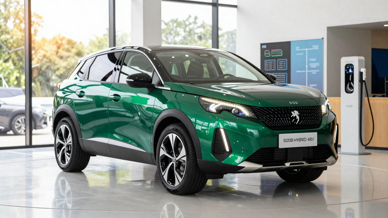 Carro SUV verde Peugeot 5008 Hybrid 48V estacionado em showroom moderno com carregador elétrico ao fundo.