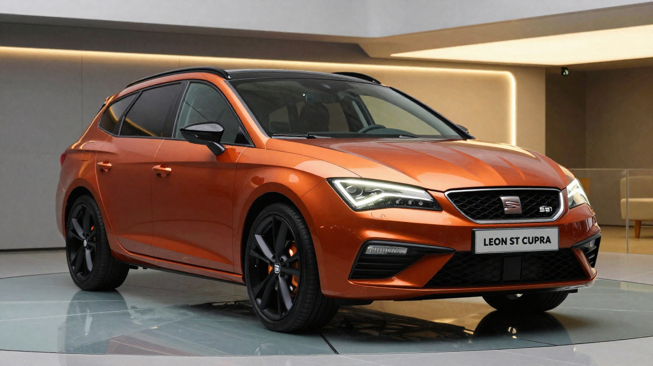Carro esportivo hatchback Seat Leon ST Cupra laranja em exposição em ambiente moderno interno.