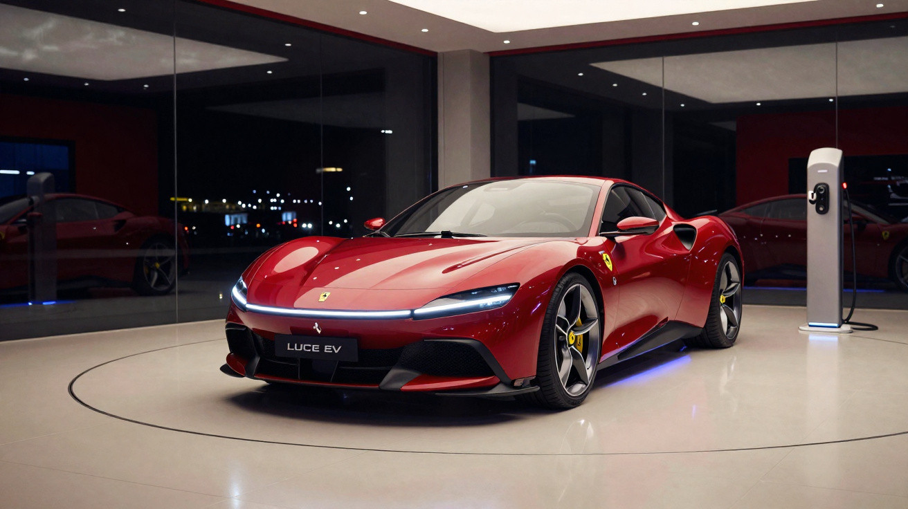 Carro esportivo elétrico Ferrari vermelho Luce EV exposto em showroom moderno com carregador ao lado.