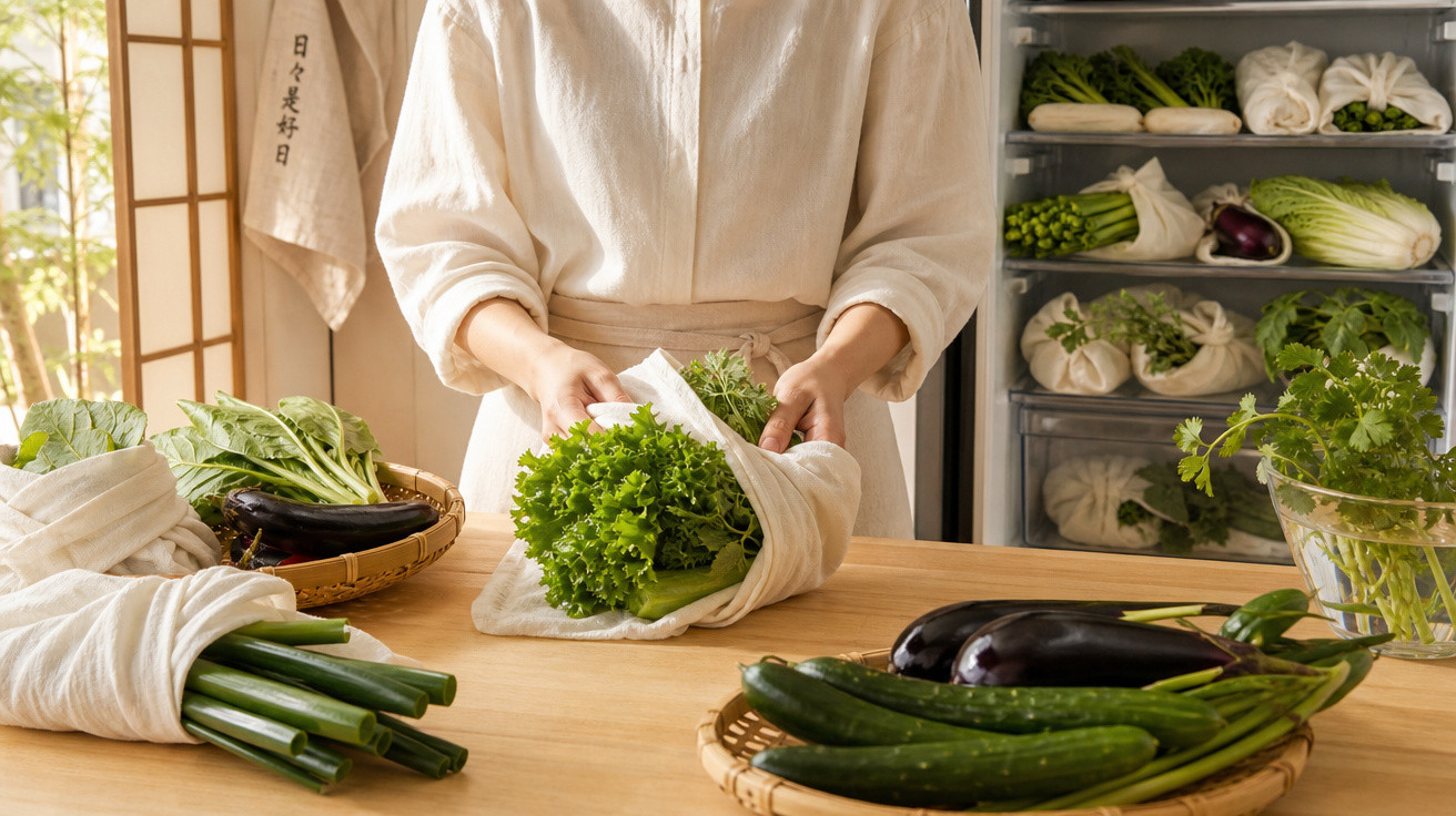 Pessoa embrulhando folhas verdes em pano em cozinha iluminada com vegetais frescos sobre a mesa.