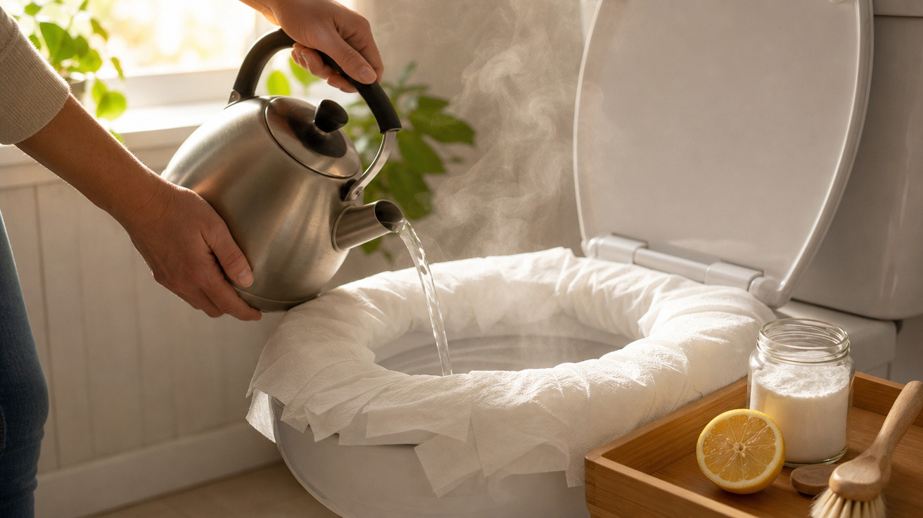 Pessoa despejando água quente em vaso sanitário forrado com papel toalha para limpeza caseira.
