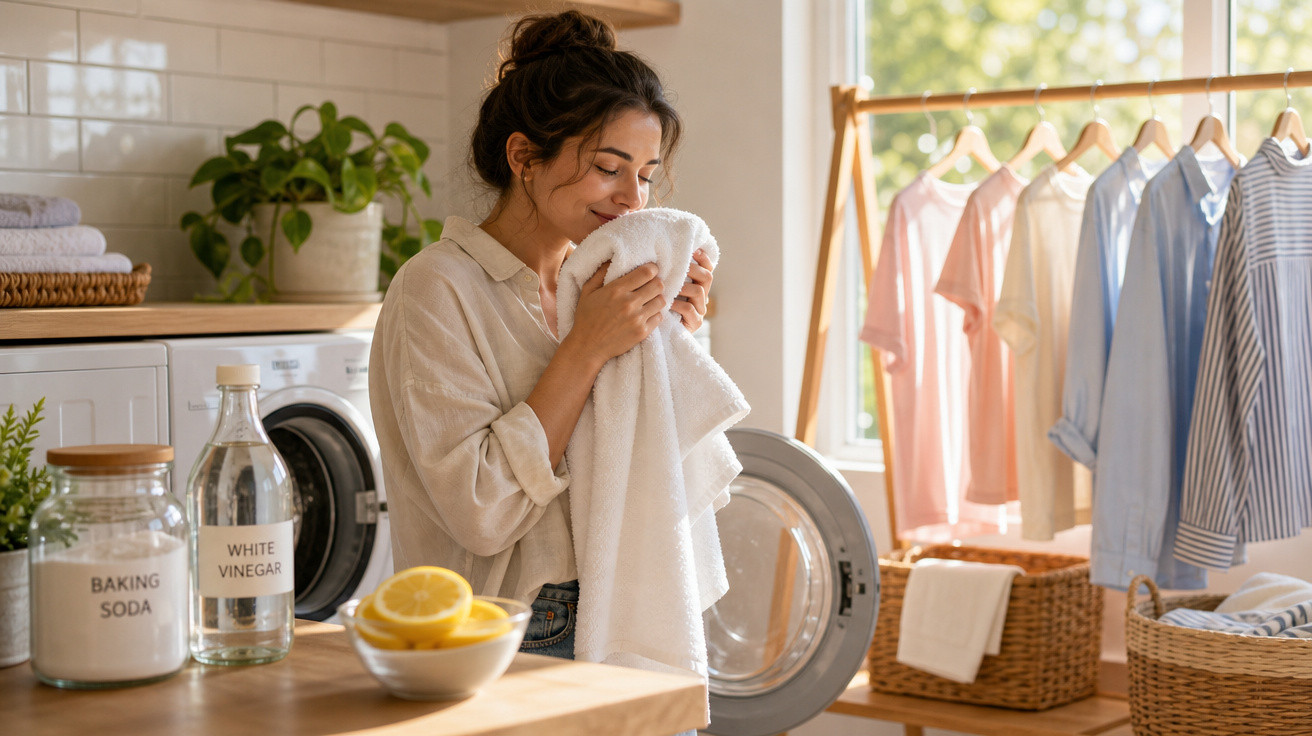 Mulher feliz cheirando toalha limpa em lavanderia com máquina, roupas penduradas e produtos de limpeza naturais.