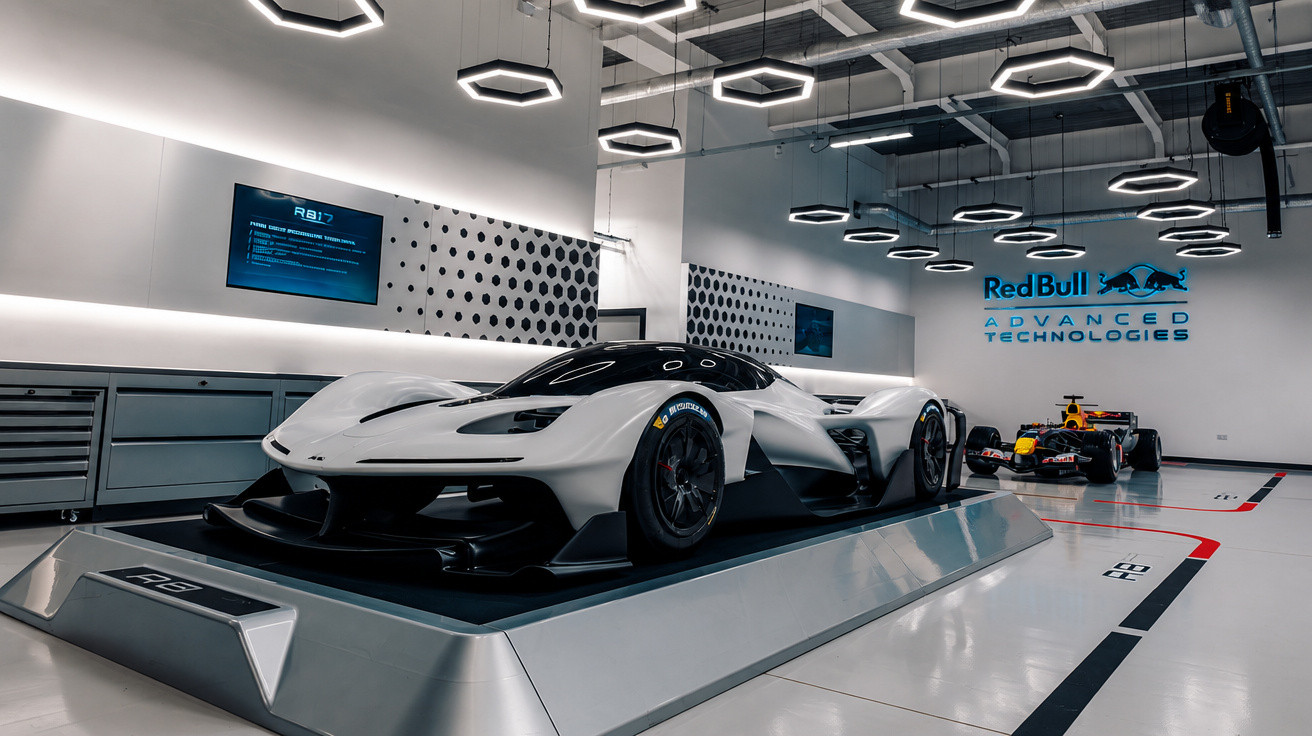 Carro de corrida futurista branco em exposição na Red Bull Advanced Technologies, com um carro de Fórmula 1 ao fundo.