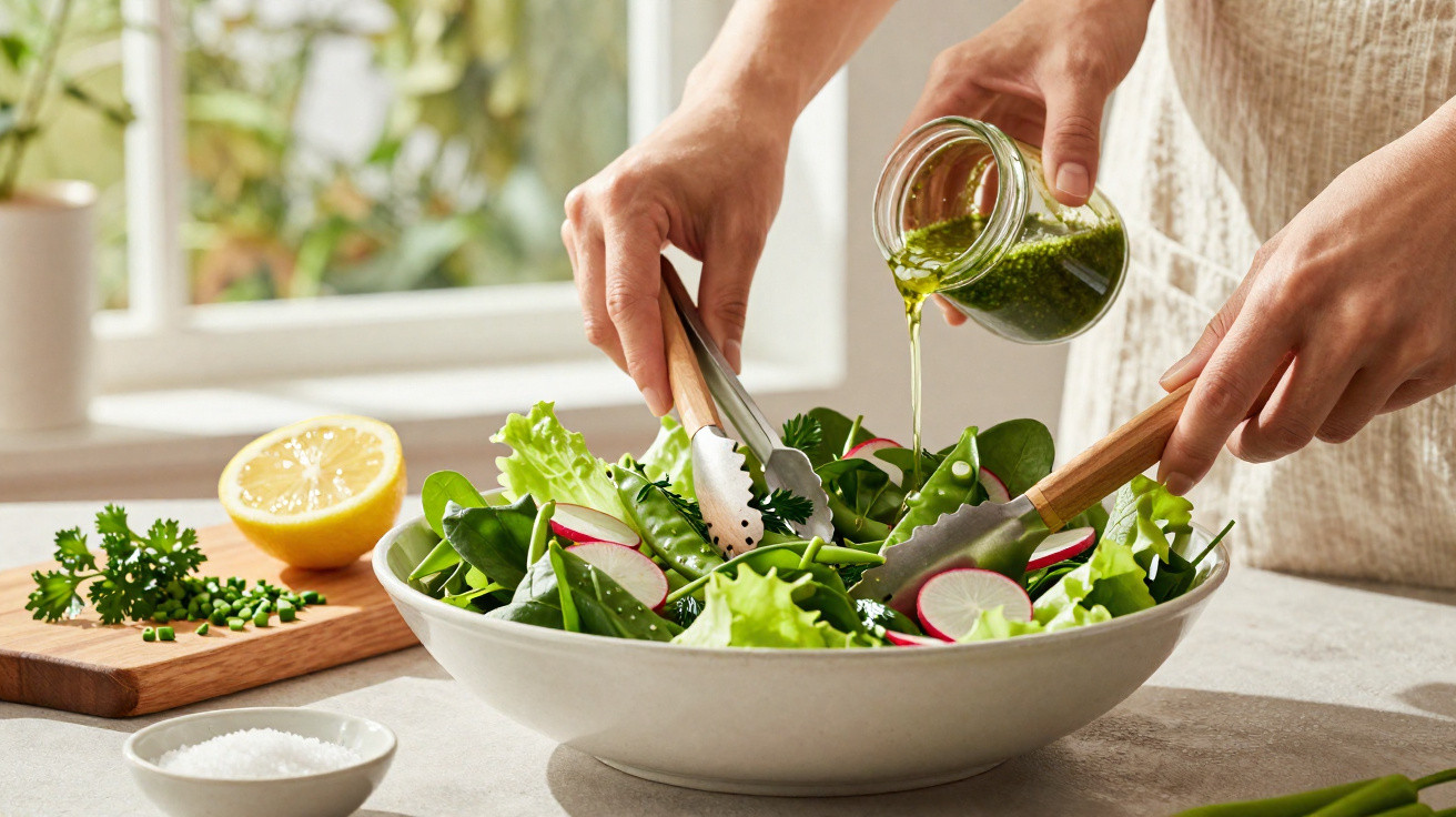Pessoa temperando salada fresca com molho verde em tigela branca na cozinha iluminada
