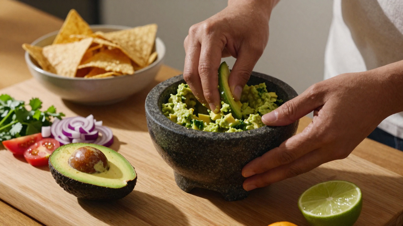 Pessoa preparando guacamole em um pilão com ingredientes frescos sobre a tábua de madeira.