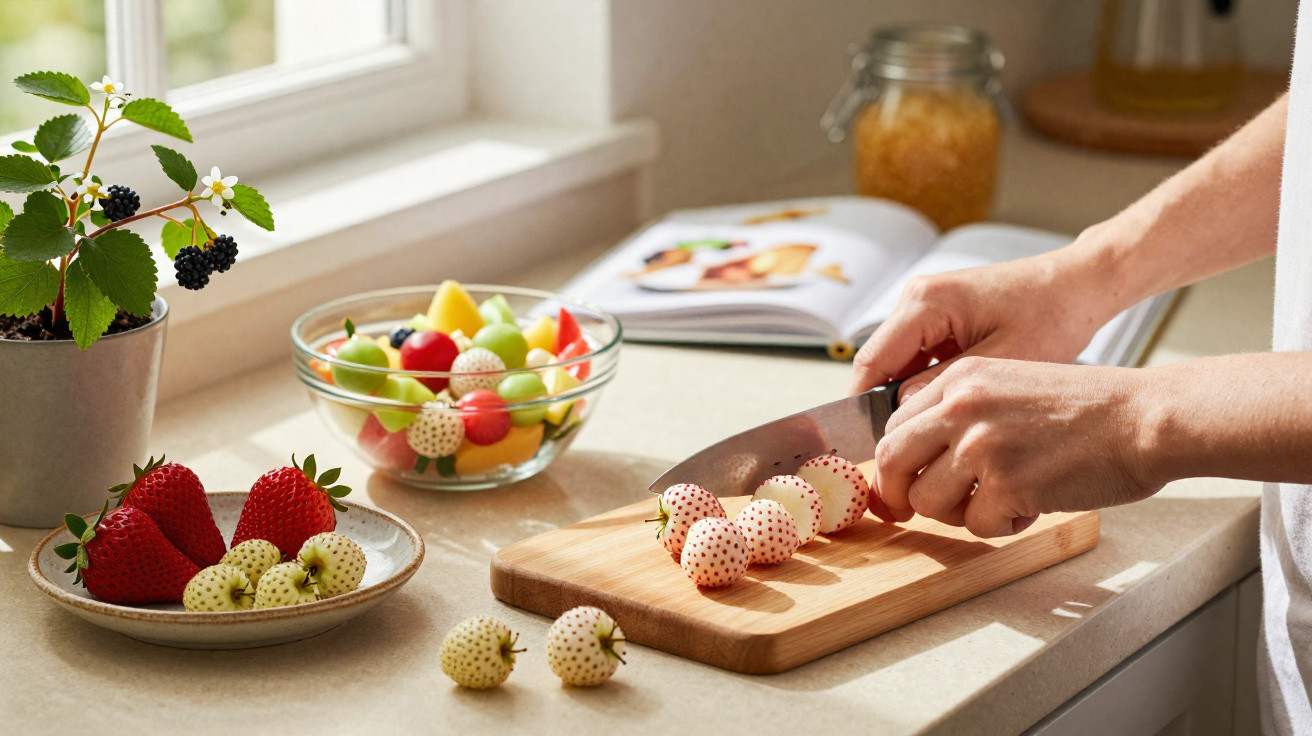 Mãos cortando frutas em palito na cozinha, com tigelas de frutas e planta ao fundo.
