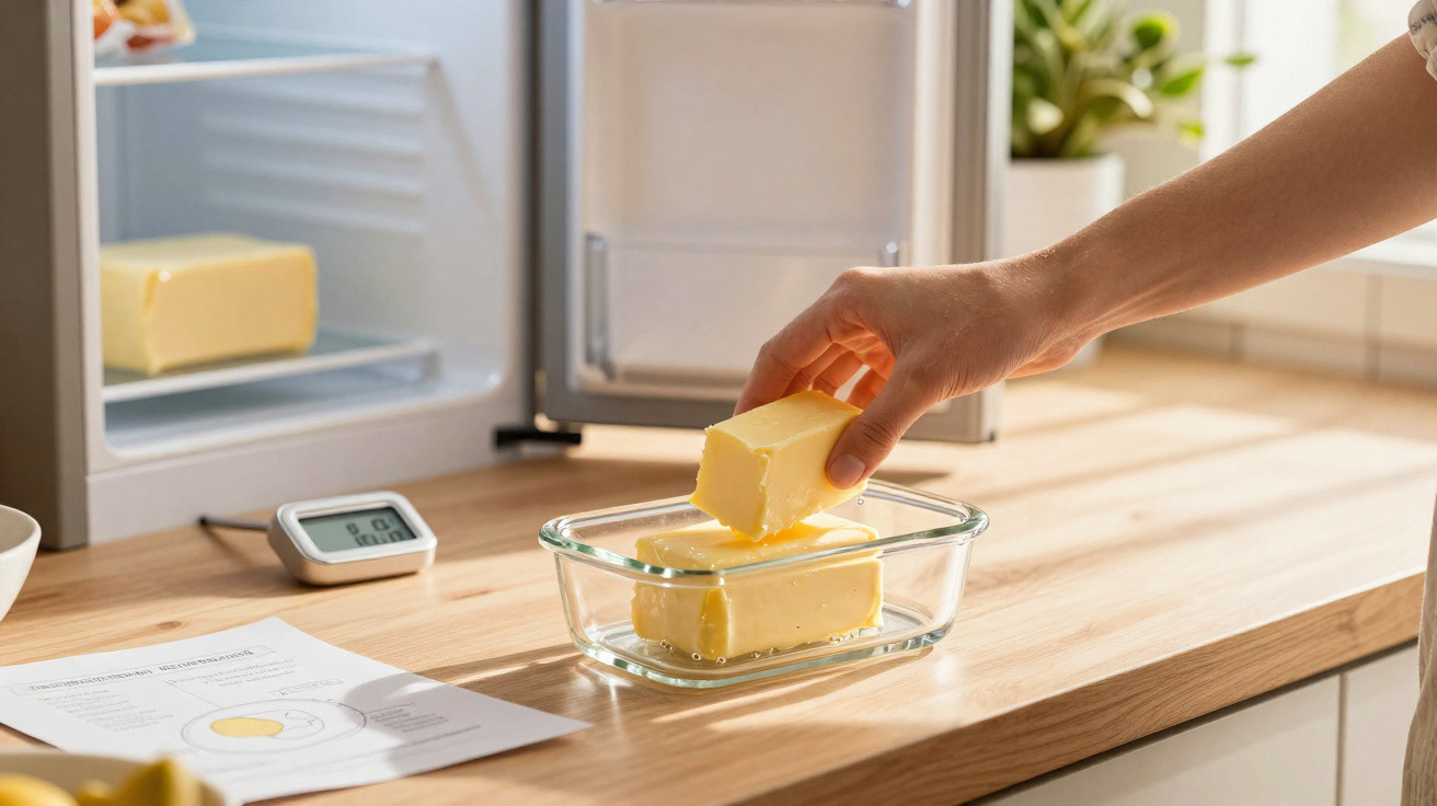 Pessoa colocando tablete de manteiga em pote de vidro sobre bancada de cozinha com geladeira ao fundo