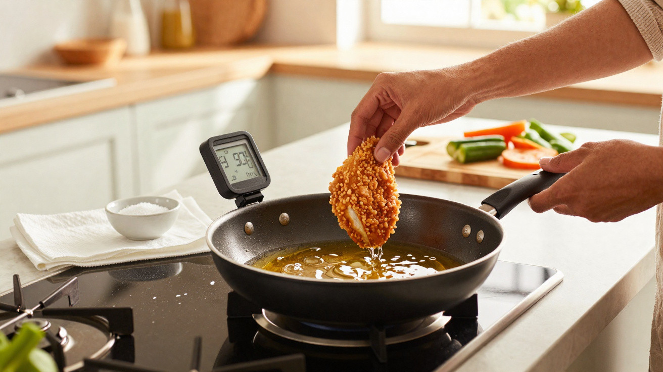 Pessoa colocando pedaço de alimento empanado para fritar em frigideira com óleo na cozinha.