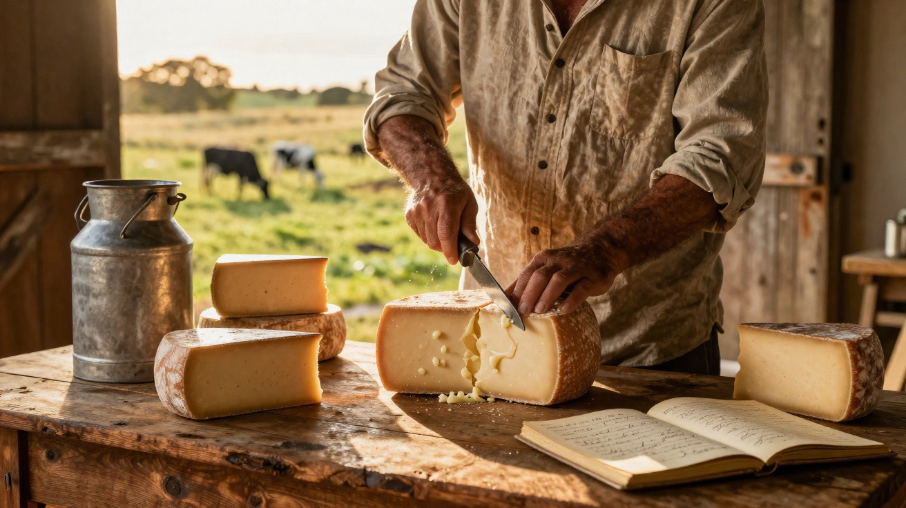 Homem cortando queijo artesanal em mesa de madeira em ambiente rústico com campo e vacas ao fundo.