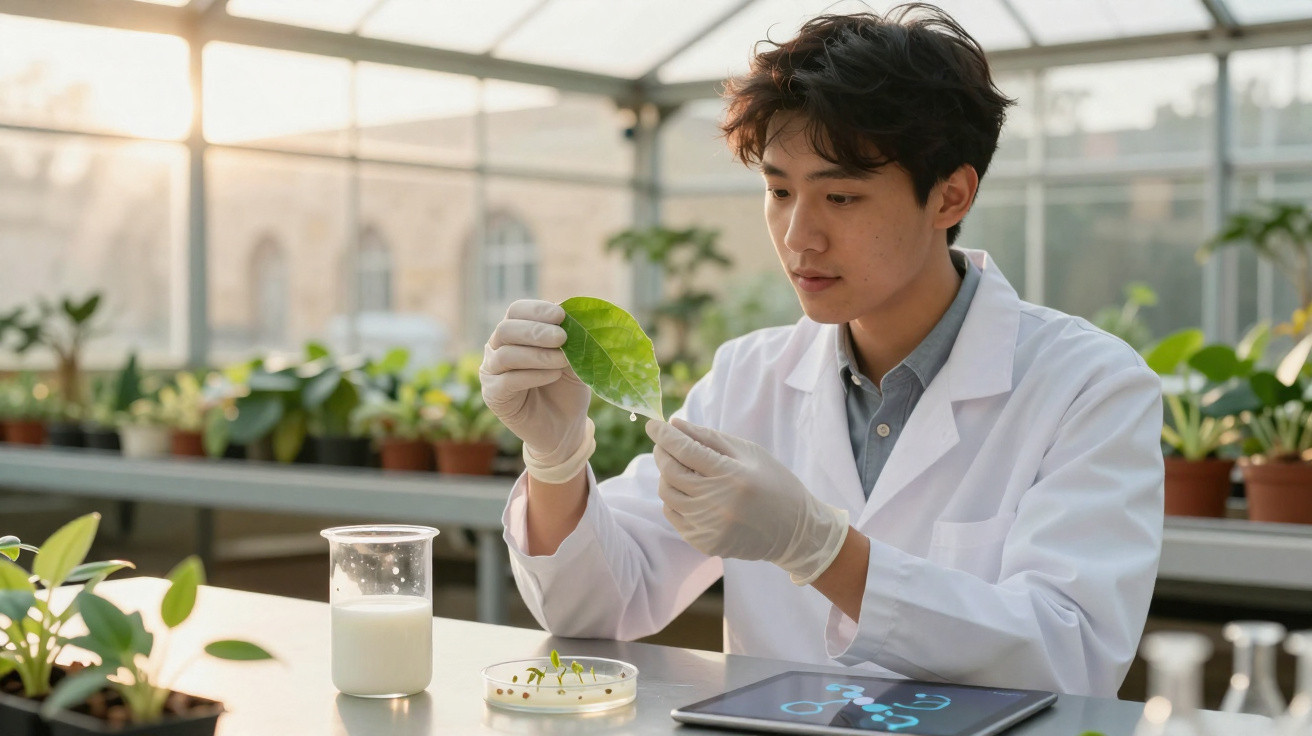 Cientista em laboratório observa folha com luvas, cercado por plantas e equipamentos científicos.
