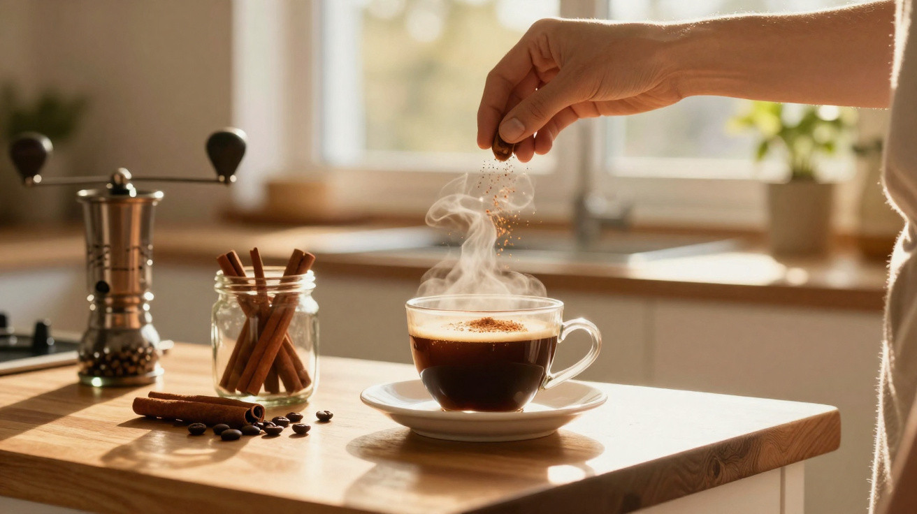 Mão polvilhando canela em pó em xícara de café quente com vapor em cozinha iluminada pelo sol.