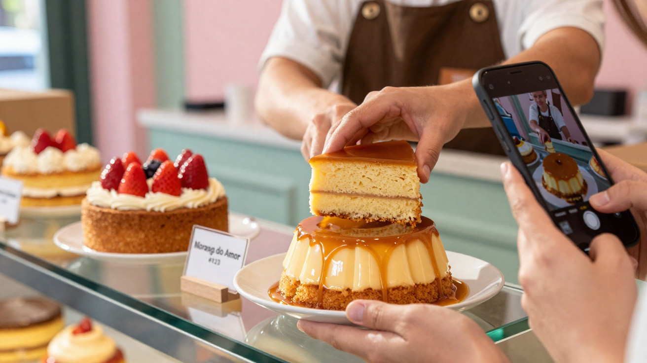 Pessoa segurando fatia de pudim com caramelo sobre prato, enquanto outra tira foto com celular em confeitaria.