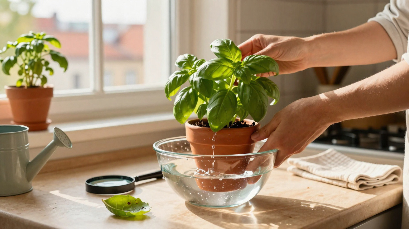 Mãos segurando vaso com planta para regar em tigela no parapeito de janela em cozinha iluminada.