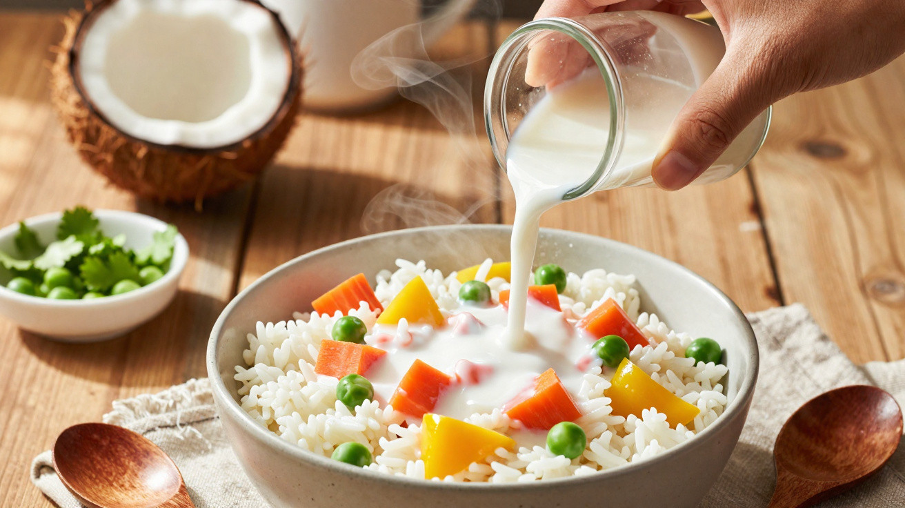 Tigela com arroz, ervilha, cenoura e pimentão, leite de coco sendo derramado por cima em mesa de madeira.