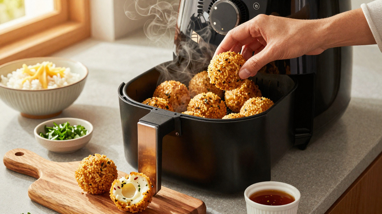 Pessoa pegando bolinho frito na cesta de airfryer com molhos e ingredientes ao redor.
