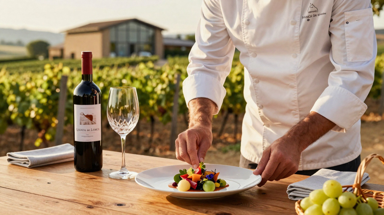 Chef preparando prato gourmet com uvas em vinícola ao ar livre, ao lado de taça e garrafa de vinho tinto.