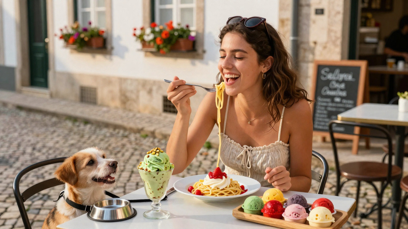 Mulher sorrindo comendo espaguete sentado à mesa externa com sorvetes e cachorro ao lado.