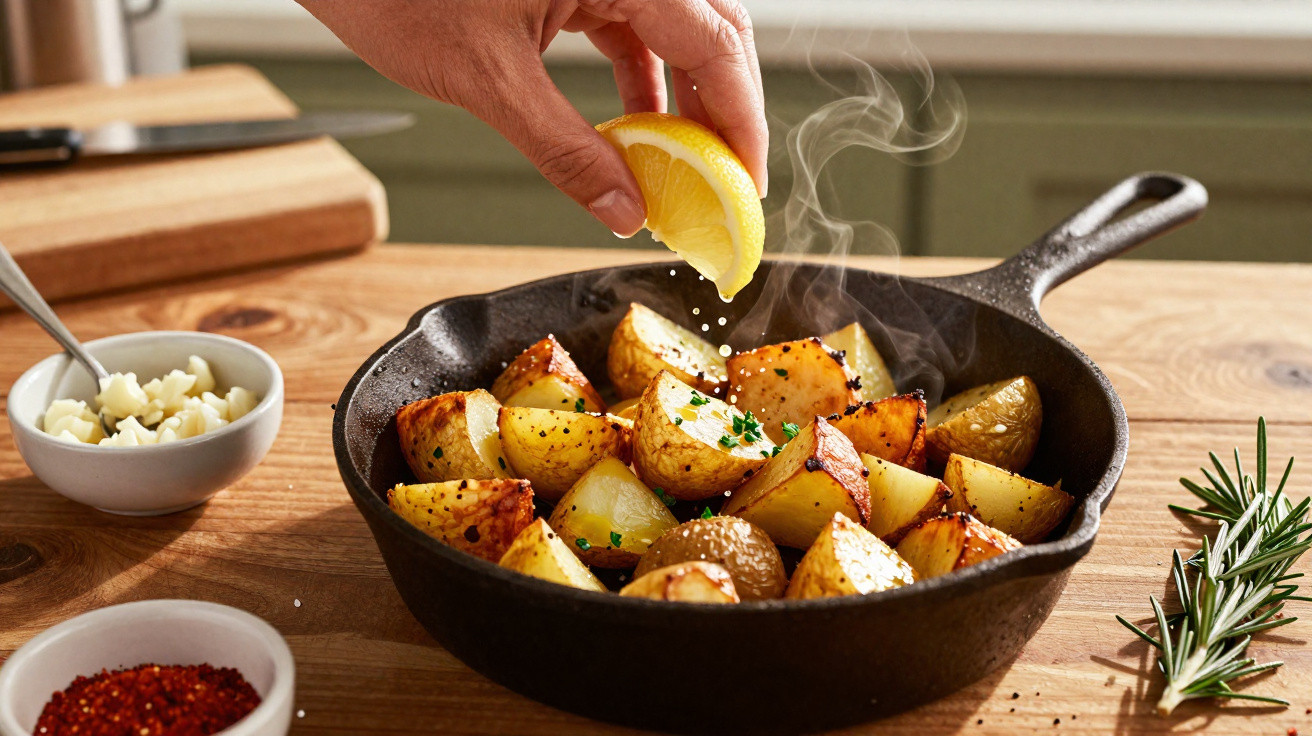 Mão espremendo limão sobre batatas douradas com ervas em frigideira preta em mesa de madeira.