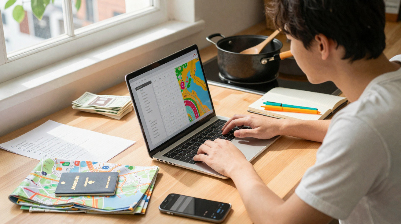 Pessoa trabalhando em laptop com mapas, passaporte, celular e caderno sobre mesa próxima à janela.