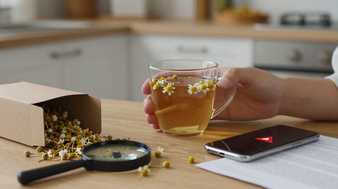 Mão segurando xícara de chá de camomila com flores, caixa de flores, lupa e celular sobre mesa de madeira.