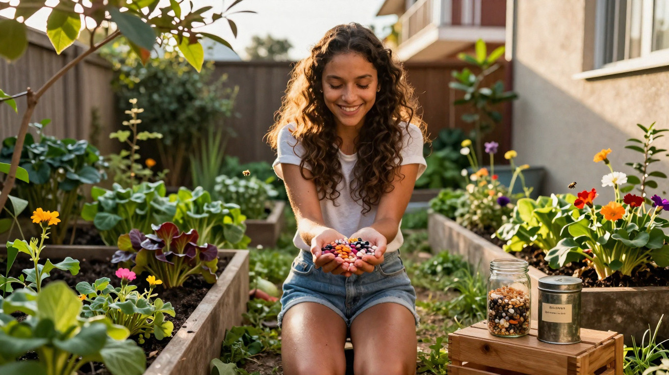 Mulher sorrindo segurando sementes coloridas em mãos, sentada em jardim com plantas e flores.