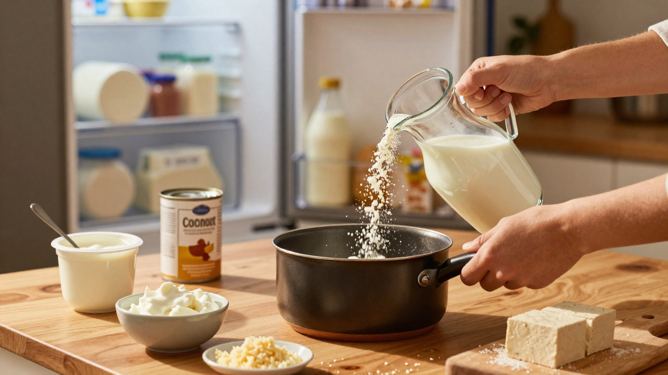 Pessoa despejando leite e arroz em panela com ingredientes ao redor em cozinha.