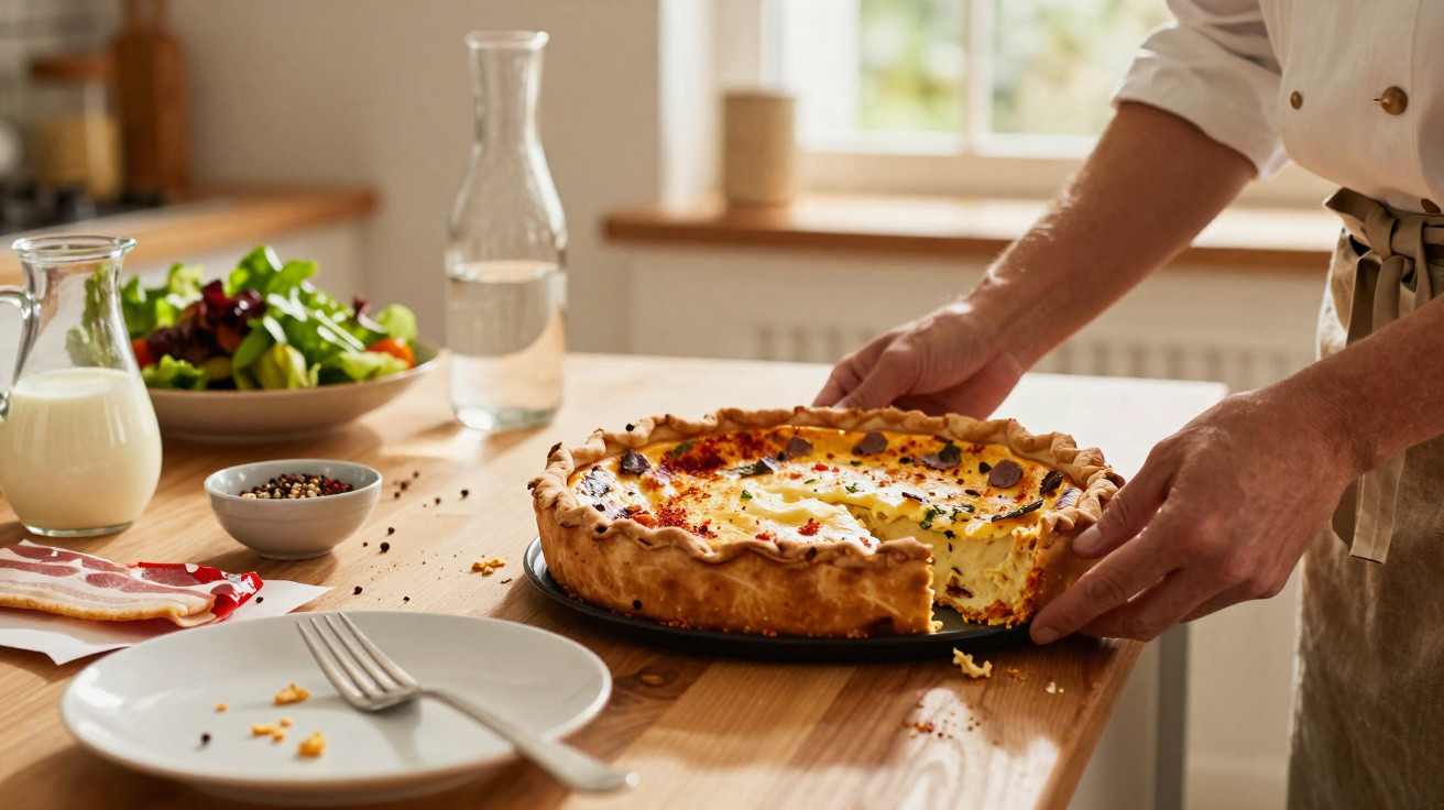 Pessoa servindo quiche com salada, bacon, leite e temperos sobre mesa de madeira na cozinha.