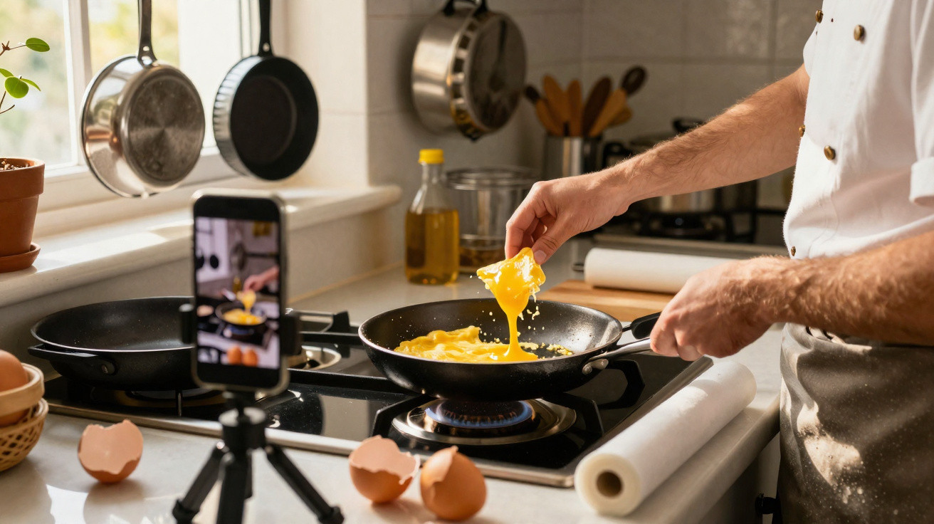 Pessoa preparando ovos mexidos na frigideira enquanto grava com smartphone na cozinha.