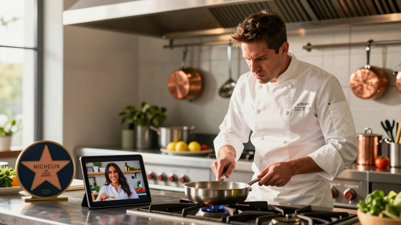 Chef masculino cozinhando com panela em fogão enquanto assiste aula online em tablet na cozinha profissional.