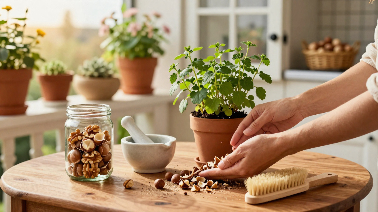 Mãos quebrando noz-pecã em mesa com vaso de planta, vidro de nozes, almofariz e escova.