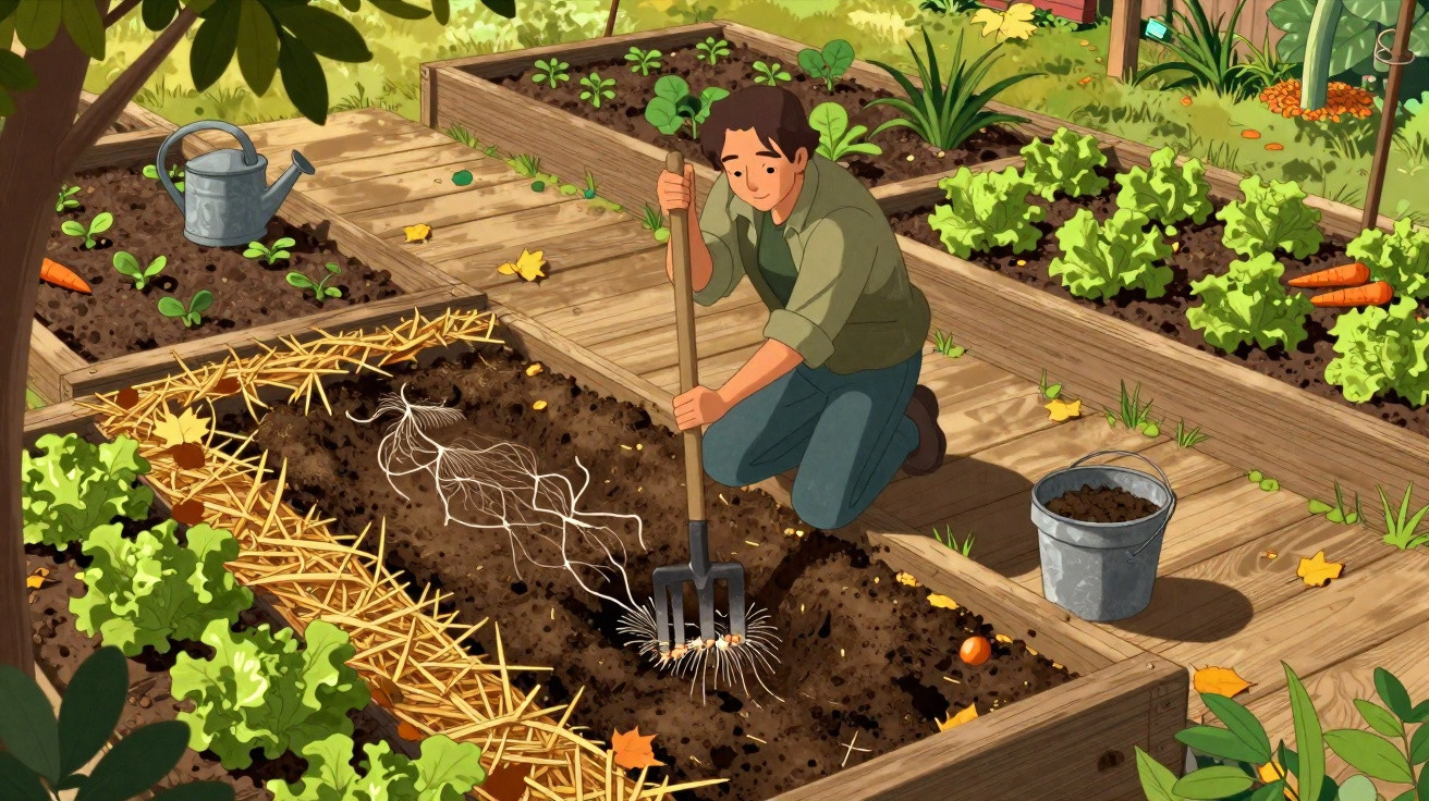 Homem cuidando da horta, usando garfo de jardim para preparar a terra em canteiros elevados.