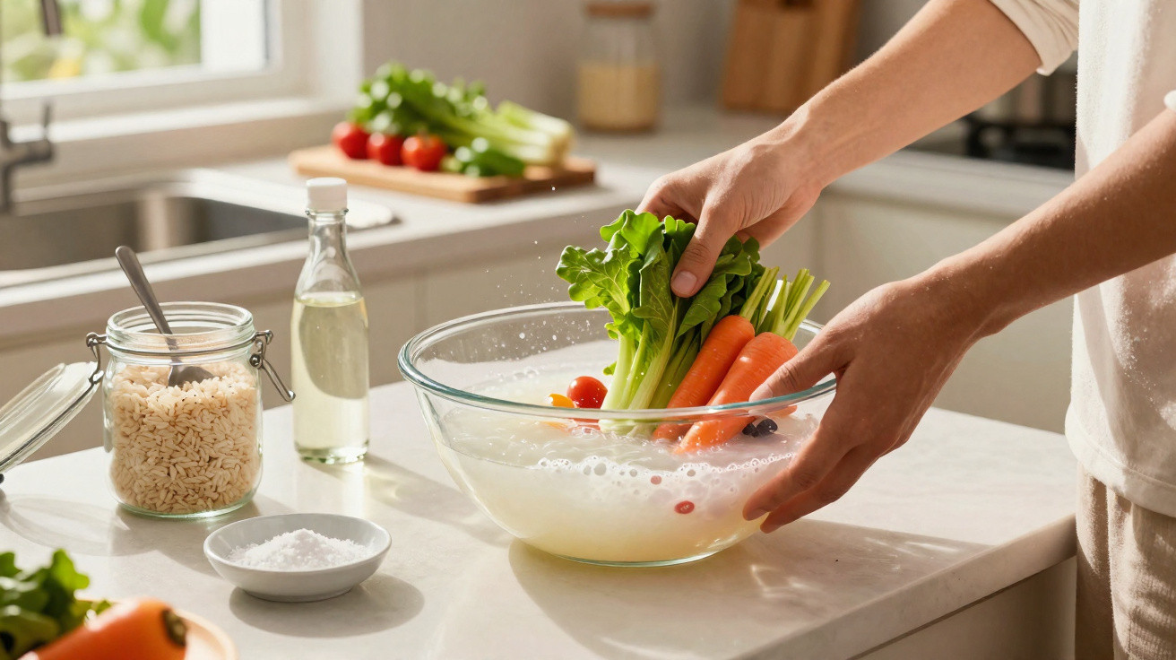 Pessoa lavando legumes em uma tigela de vidro cheia de água com espuma na cozinha iluminada.