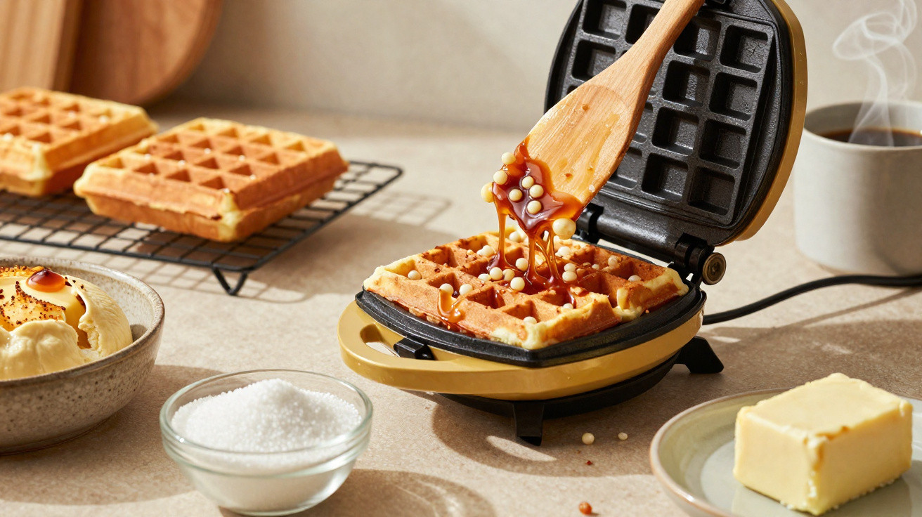 Waffle sendo preparado em máquina, com calda caramelizada sendo despejada e ingredientes ao redor sobre a mesa.
